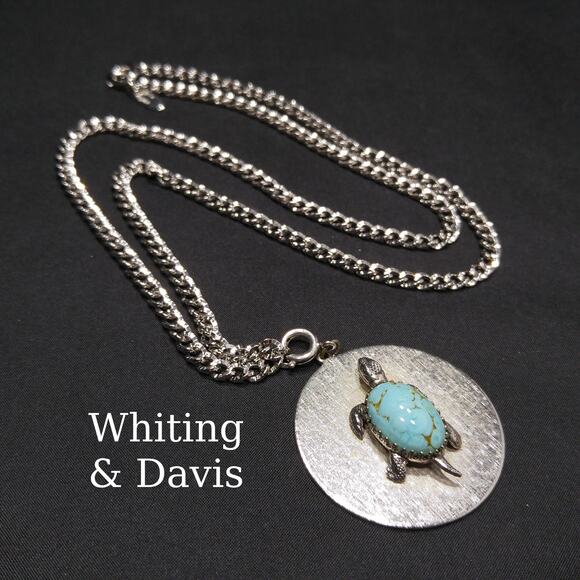 Whiting & Davis Turtle Pendant Necklace, Silver Tone Chain - Picture 1 of 10
